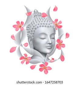 Buddha face with pink cherry flowers print