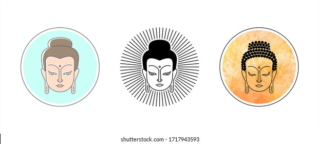 Buddha face, portrait, head vector line, outline illustration. Circle shape frame. Linear flat drawings set. Buddhist, indian, esoteric round design element, template for cards, logo, labels, tattoo.