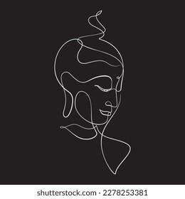 buddha face portrait line art decoration. continuous line drawing in calligraphy style isolated on black background