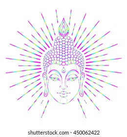 Buddha face with radiating rays of light. Esoteric vintage vector illustration. Indian, Buddhism, spiritual art. Hippie tattoo, spirituality, Thai god, yoga zen. Psychedelic hypnotic colors.