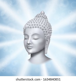 Buddha face with rays on blue background vector print