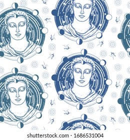 Buddha face. Seamless pattern. Packing old paper, scrapbooking style. Vintage background. Medieval manuscript. Sacred sign rebirth of the soul, Buddhism art