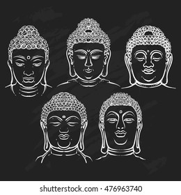 Buddha face set isolated on a black background. Esoteric vintage vector illustration. buddha head. Indian, Buddhism, Thai god.