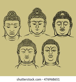 Buddha face set isolated on a gold background. Esoteric vintage vector illustration. buddha head. Indian, Buddhism, Thai god.