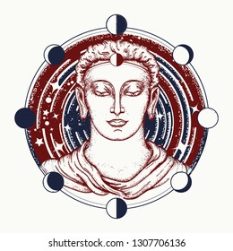 Buddha face tattoo. Symbol of immortality, enlightenment, religion, magic t-shirt design. Sacred sign rebirth of the soul, Buddhism art 