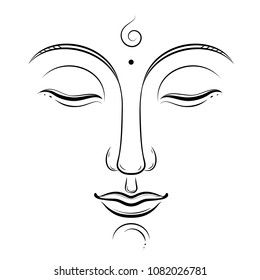 Buddha face vector art. Buddhism, yoga, sacred spiritual, zen ink drawing isolated on white