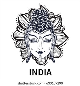Buddha face. Vector outline decorative illustration for coloring book. India, Buddhism, religious motives. Decorative design for print, posters, textile, tattoo art