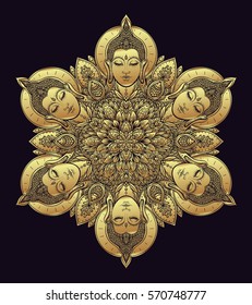 Buddha faces in ornate mandala round pattern. Esoteric vintage vector illustration. Indian, Buddhism, spiritual art. Hippie tattoo, spirituality, Thai god, yoga zen. Gold over black design.