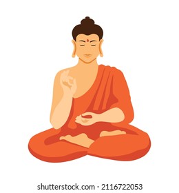 Buddha. A figure of the Buddha sitting in the lotus pose, with a gesture of blessing, wearing orange clothing. Icon, clipart for website, application about self-development, Buddhism, meditation.