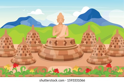 Buddha flat vector illustration. Religious sculpture. Place of worship in mountains. Meditating pose. Indonesian religion. Buddhism. Borobudur cartoon background