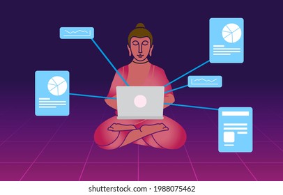 buddha floating above 1980's pink cyberpunk neon grid with a laptop  and pop-up HUD windows 