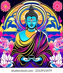 Buda con flores. Ilustración vectorial de buddha.