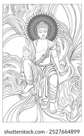 Buda em Energia Fluente - Página de Coloração Vetor. Perfeito para meditação, atenção plena, arte-terapia, livros de colorir adultos e projetos com temas espirituais.