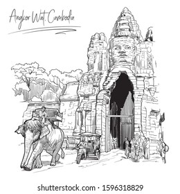 Buddha Gates in Angkor Wat, Cambodia. Linear sketch on a white background. Vintage design. Travel sketchbook drawing. EPS10 vector