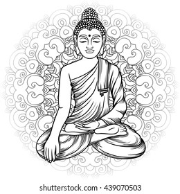 Buddha gautama with mandala vector illustration. Vintage decorative zentangle hand drawing. Indian, Buddhism, Spiritual budda motifs. Coloring book pages for adults. Tattoo doodle line art