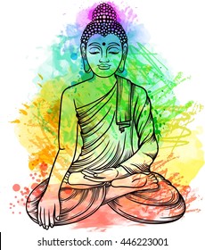 Buddha gautama with multicolor rainbow aura.Vector illustration. Vintage decorative line art zentangle hand drawing. Indian, Buddhism. Coloring book. Watercolor, chalk pastels pencils texture vector
