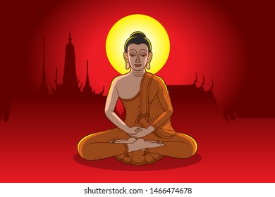 Buddha and glowing light with red temple background
