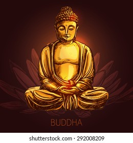 Buddha god sitting in lotus position on flower sketch vector illustration