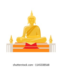 Buddha gold statue, concept of thai state of spiritual perfection. Traditional God of Ancient Thailand, religious and philosophical teaching. Famous historical landmark. Vector illustration isolated.