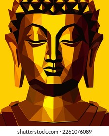 Buddha golden face illustration, Concept of religion and faith, polygonal bird. Geometric illustration.