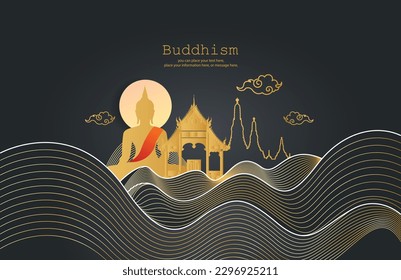 Buddha golden line meditating and wave dark color vector background - Magha puja day, Vesak day banner, important Buddhism days Thailand culture