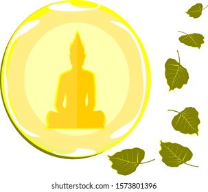 Buddha, Golden yellow Buddha and Bodhi leaves, Buddhist symbol of Thai tradition on  background, greeting card vector illustration