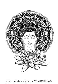 Buddha Grafisches Design mit Lotus und Mandala Muster auf Hintergrund