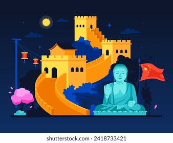 Buddha and the Great Wall of China - colored vector illustration with main symbols of the celestial empire. Wonder of the world, an architectural monument and a place for tourists to visit idea