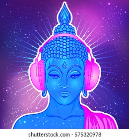 Buddha Groove listening to the music in headphones over colorful neon background. Vector illustration. Vintage psychedelic composition. Indian, Buddhism, trance music. Tattoo, yoga, spirituality. 