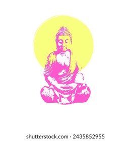 Buddha grunge vector illustration isolated on white background, symbol of meditation, mindfulness image. Buddha statue symbolic painting. Sitting in meditation person, ancient style image.
