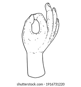 Buddha Gyan-mudra gesture hands. Yoga mudra while meditating. Mudra jnana of knowledge, Buddhism or Hinduism drawing element vector.