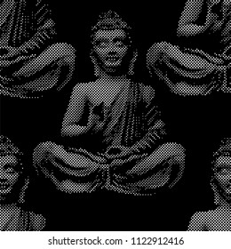 Buddha from halftone pattern - seamless monochrome black and white background