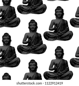 Buddha from halftone pattern - seamless monochrome black and white background