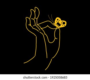 Buddha hand and butterfly on a black background. Sketch. Vector illustration.