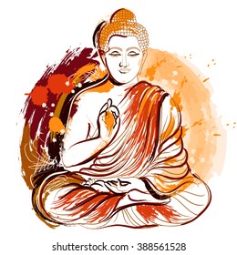 Buddha. Hand drawn grunge style art. Colorful retro vector illustration. Banner, greeting card, t-shirt, bag, print, poster.