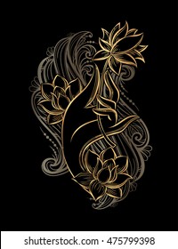 Buddha hand holding a lotus as a symbol of purity, spirituality and enlightenment. Hand drawn vector isolated tattoo