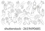 Buddha hands, gestures, religious buddhist symbols. Collection of of outline graceful hands and flowers. Mudra, lotuses, meditation. Logo design.