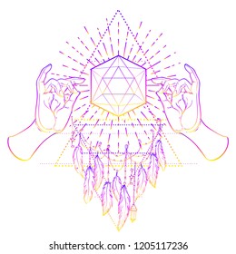 Buddha hands over sacred geometry, Metatrons Cube, Flower of life. Sacred geometry abstract background. Good design for textile t-shirt print, flyer and posters background.