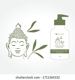 Buddha head with bamboo branches,  vector illustration and cosmetic container mock up