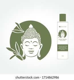 Buddha-Kopf mit Bambusblättern, Flaschengrafik und -motte, Vektorillustration