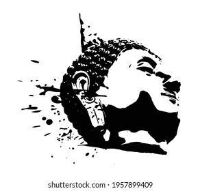 Buddha head , black white hand drawn style with ink splatters and drops abstract silhouette vector illustration isolated on white background vintage Traditional Thai ohm symbol