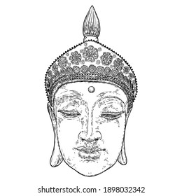 Buddha head drawing. Hinduism and Buddhism spirituality and enlightenment. Buddha portrait, Indian spiritual teacher, and religious leader. Purnima and Happy Vesak Day illustration elements. Vector. 