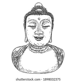 Buddha head drawing. Hinduism and Buddhism spirituality and enlightenment. Buddha portrait, Indian spiritual teacher, and religious leader. Purnima and Happy Vesak Day illustration elements. Vector.