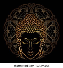Buddha head - elegant vector illustration. The symbol of Hinduism, Buddhism, spirituality and enlightenment. Tattoo, illustration, printing on fabric