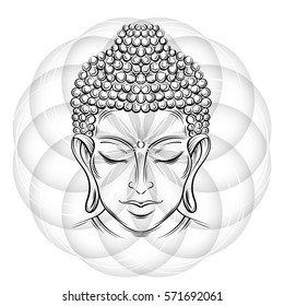 Buddha head - elegant vector illustration. The symbol of Hinduism, Buddhism, spirituality and enlightenment. Tattoo, illustration, printing on fabric