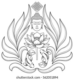 Buddha Head with endless knot, lotus, fishes on white background. Tattoo with buddhism symbols. Coloring page.