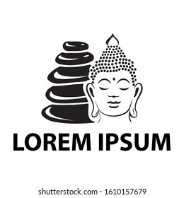 Buddha head in front of aligned zen pebbles, vector logo template
