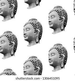 Buddha head with halftone pattern effect. Seamless pattern. Vector