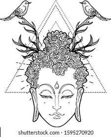 Buddha head with horns and birds. Esoteric vintage vector illustration. Indian, Buddhism, spiritual art. Hippie tattoo, spirituality, Thai god, yoga zen Coloring book pages for adults.