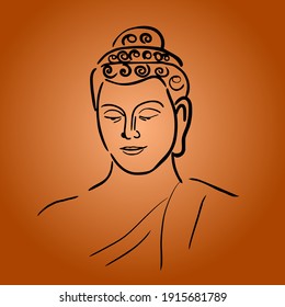 Buddha Head Layout Vector Illustration.Black line drawing on yellow background. drawing vector, ohm sign.Visak Day.